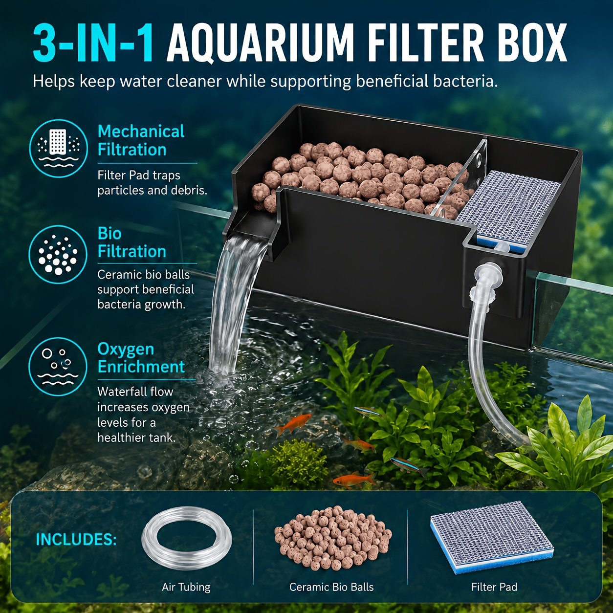 3-in-1 Wall-Mounted Fish Tank Filter Box – Water Purification, Circulation & Oxygenation