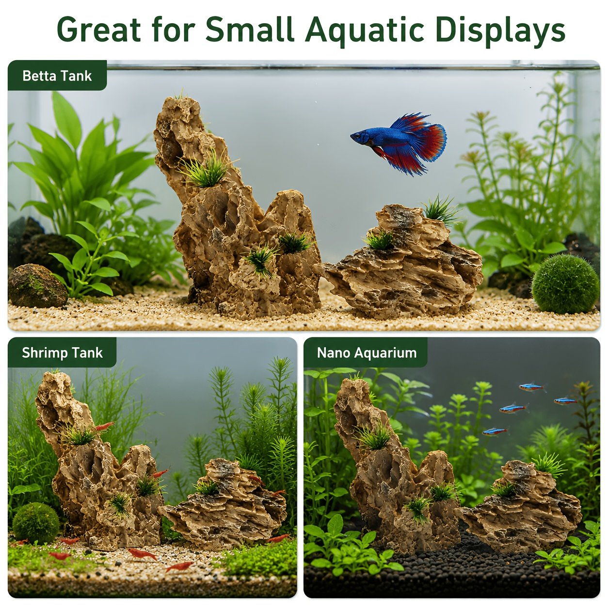 Aquarium Resin Rock Decoration with Artificial Plants – Faux Pine Bark & Dragon Stone (2 Styles)