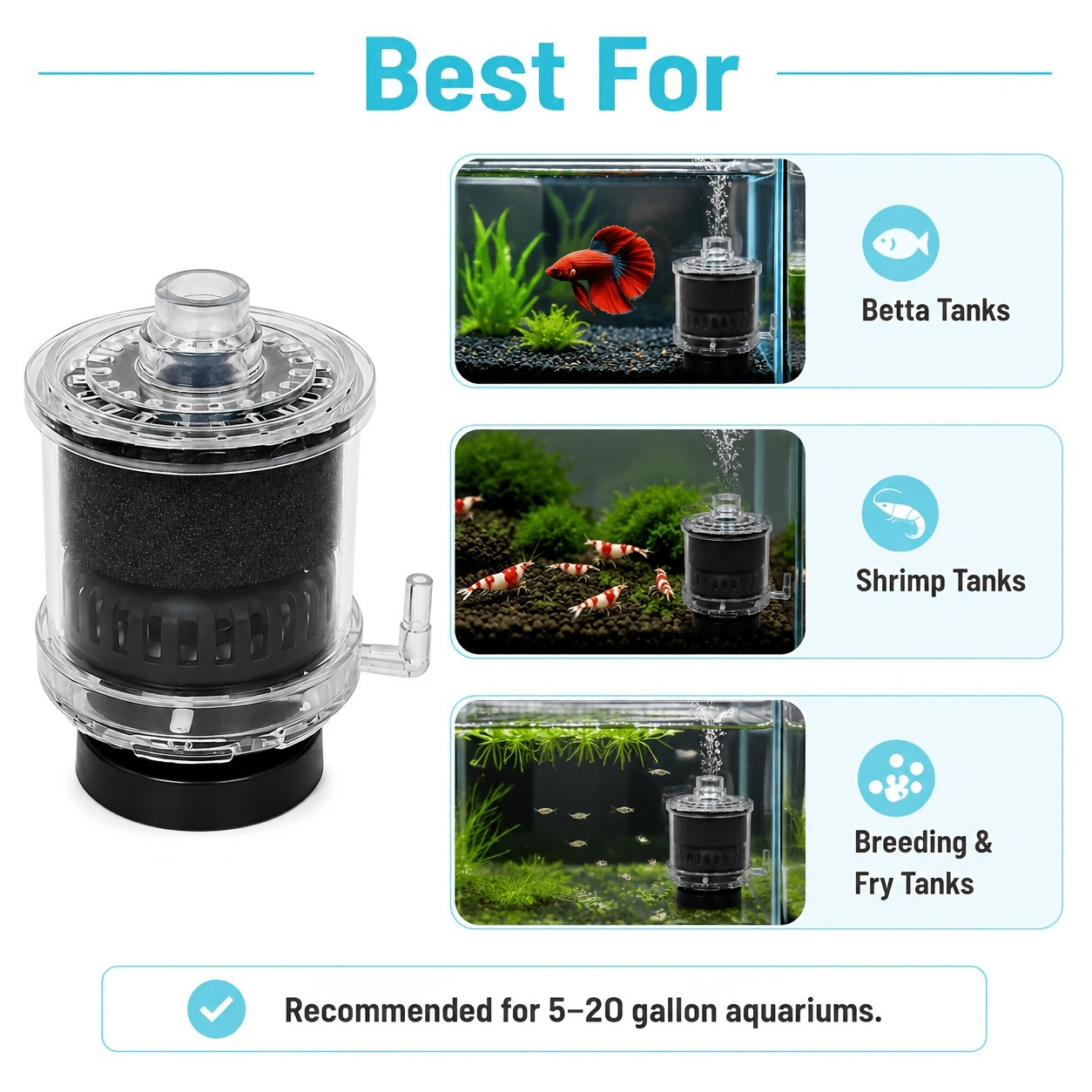 Aquarium Sponge Filter – Quiet Biological Filtration for Fish Tanks (1 Pack)