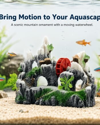 Aquarium Mountain Ornament with Air-Driven Rotating Waterwheel