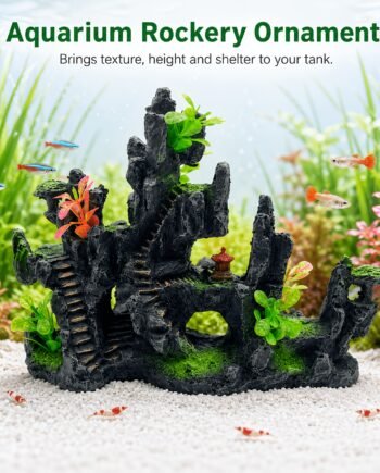 Aquarium Rockery Ornament with Mini Pagoda – Resin Landscape Fish Tank Decoration