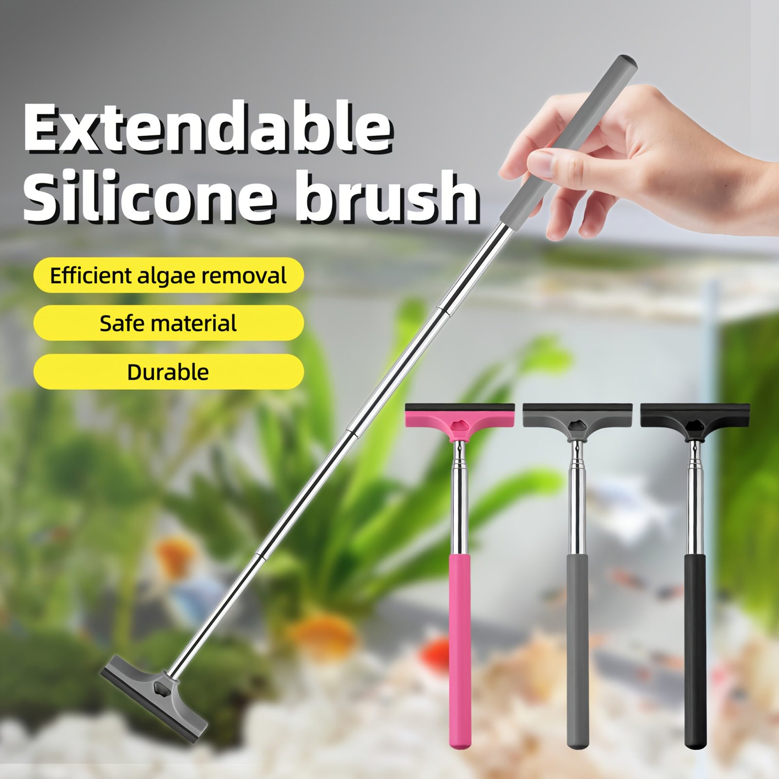 Telescopic Aquarium Scraper Brush – Extendable Cleaning Tool with 2 Brush Heads