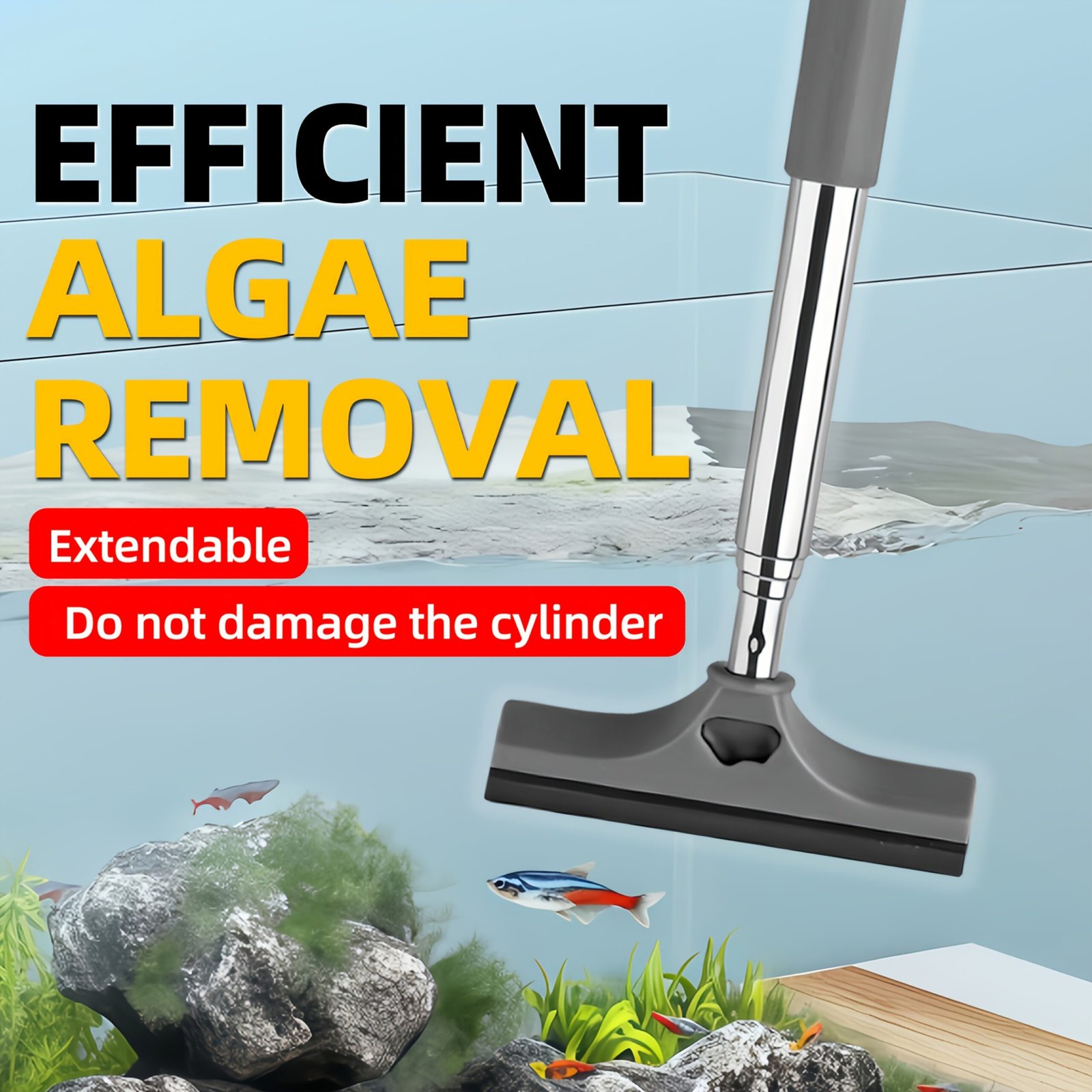Telescopic Aquarium Scraper Brush – Extendable Cleaning Tool with 2 Brush Heads