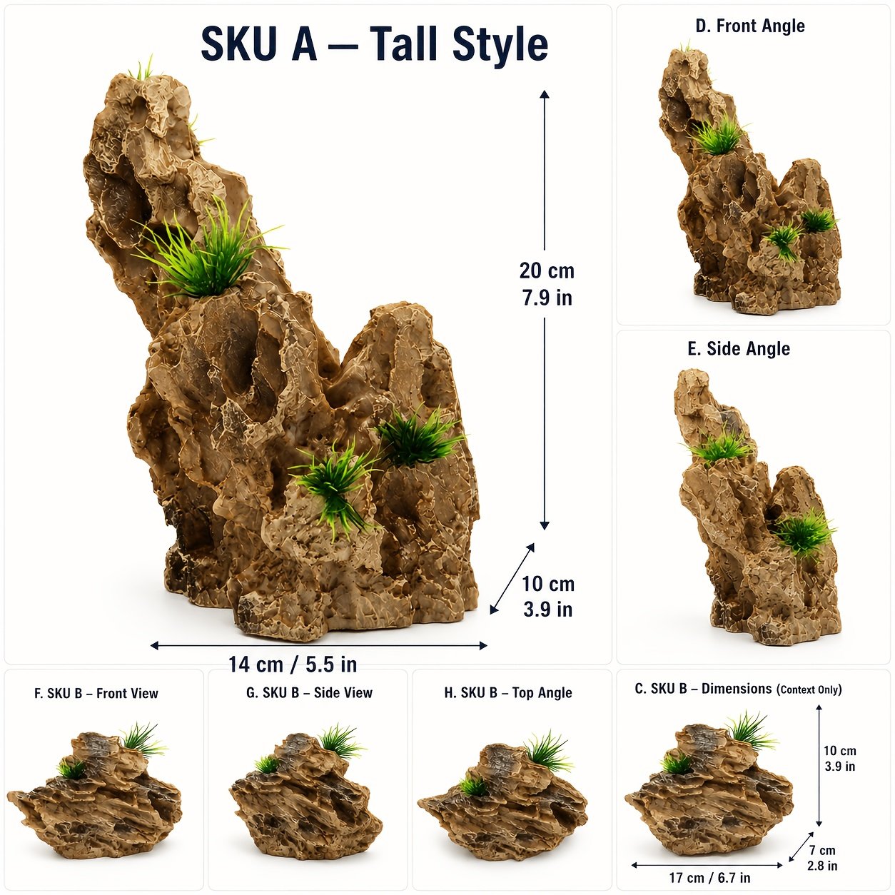 Aquarium Resin Rock Decoration with Artificial Plants – Faux Pine Bark & Dragon Stone (2 Styles)