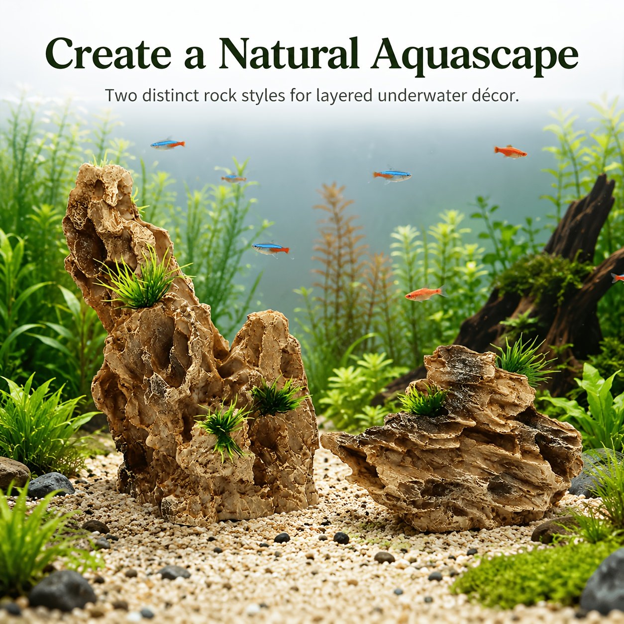 Aquarium Resin Rock Decoration with Artificial Plants – Faux Pine Bark & Dragon Stone (2 Styles)