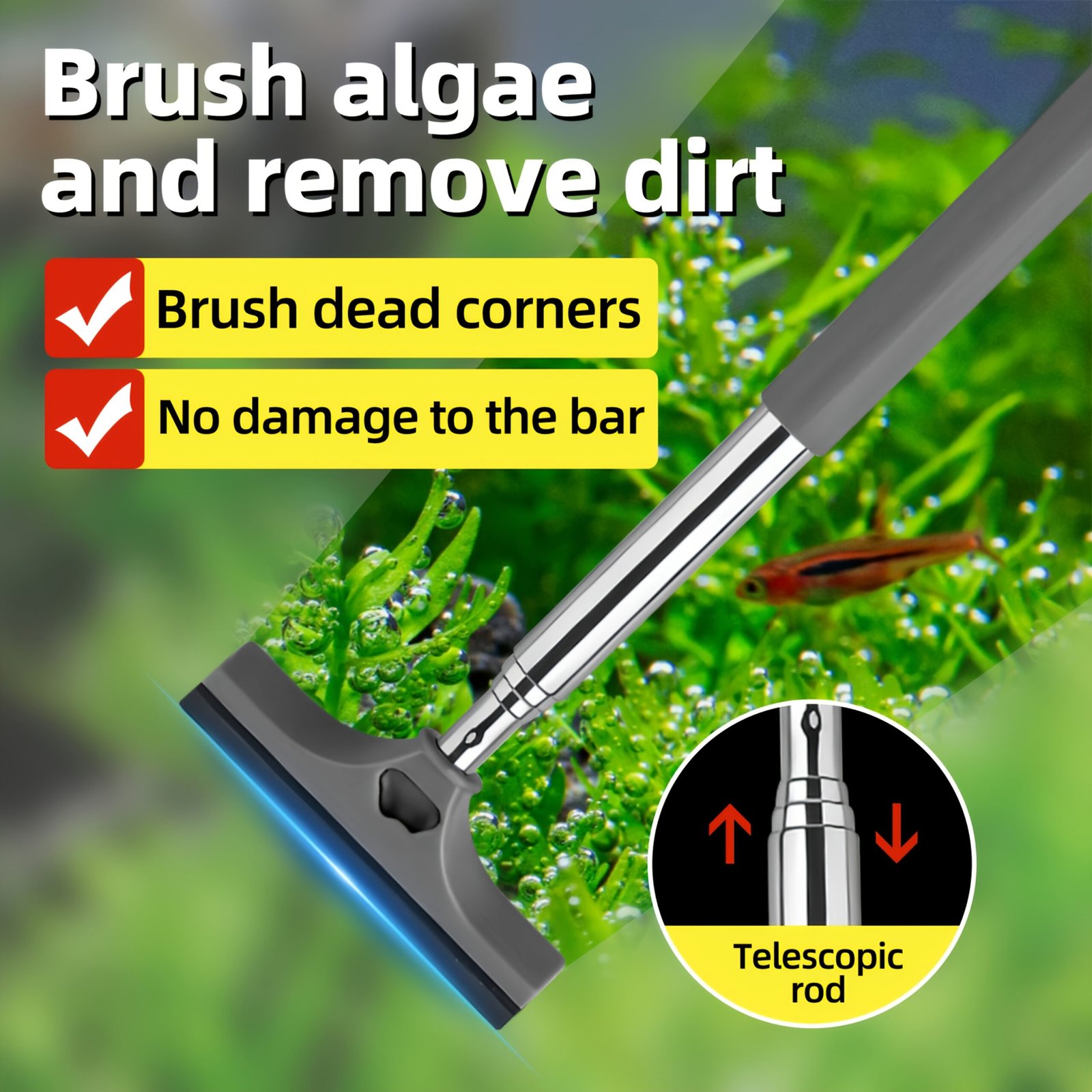 Telescopic Aquarium Scraper Brush – Extendable Cleaning Tool with 2 Brush Heads
