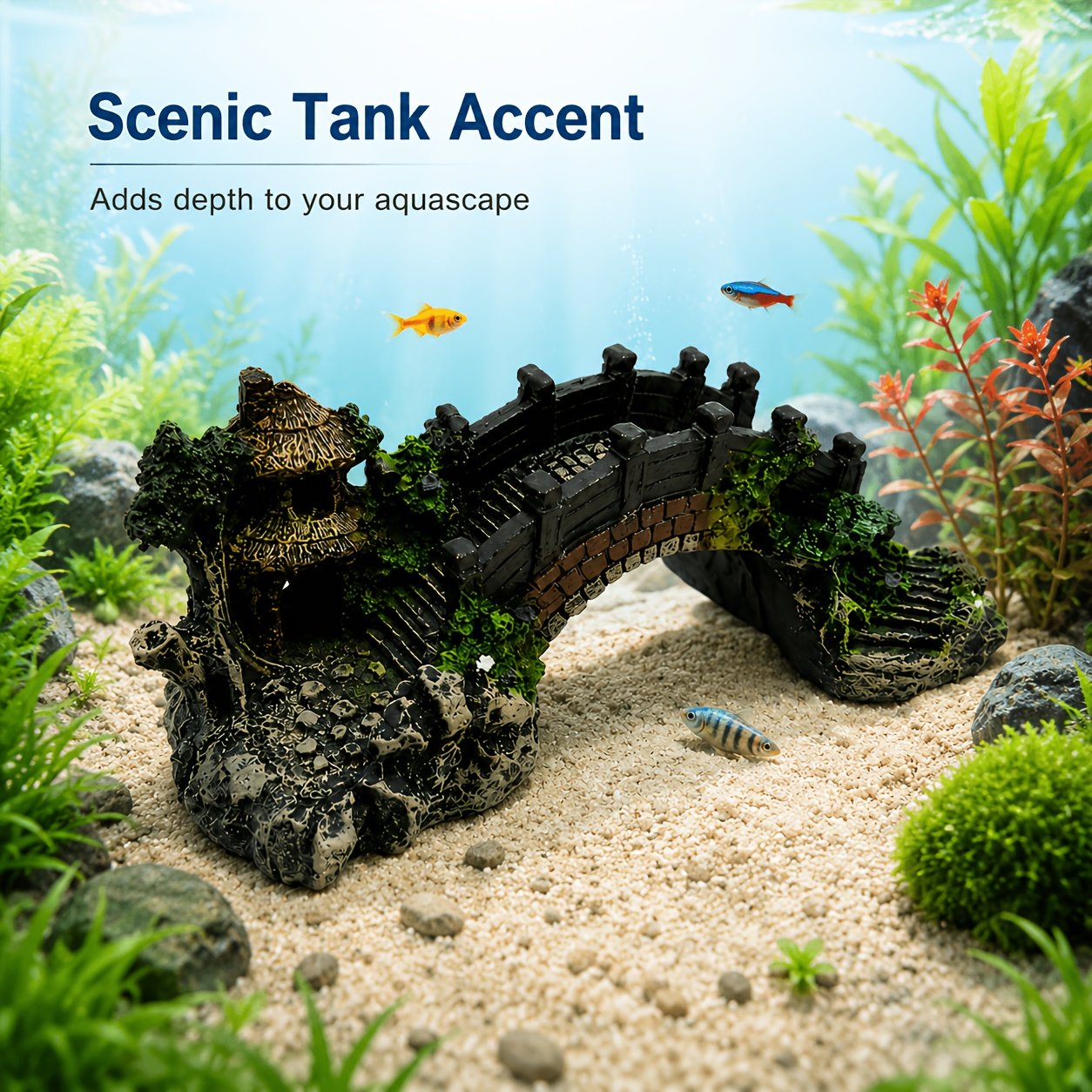 Resin Aquarium Arched Bridge with Pagoda – Fish Tank Decorative Ornament